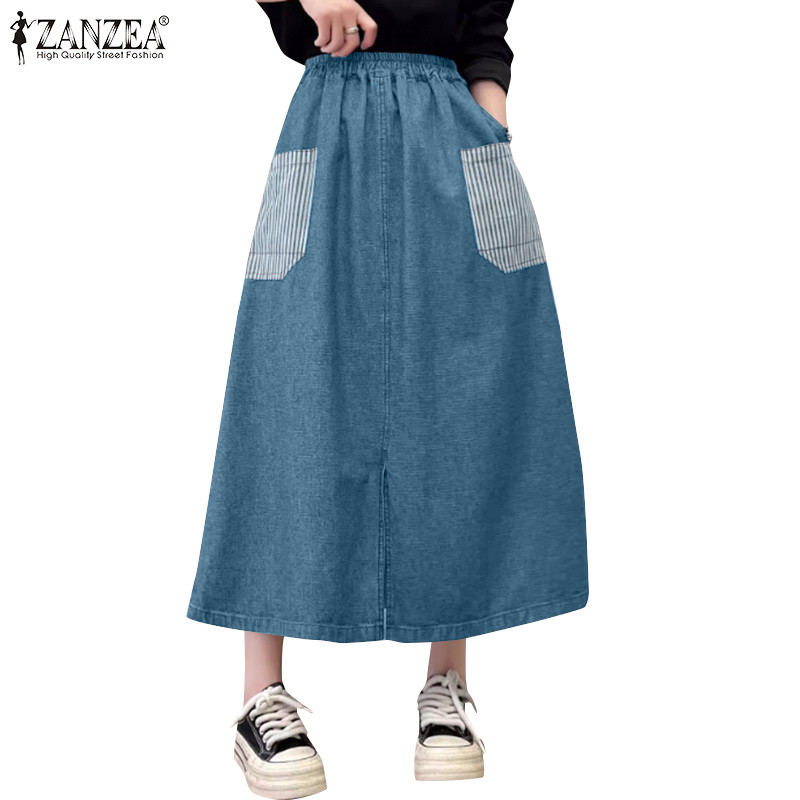 Zanzea ผู้หญิงเกาหลีลําลองเอวยางยืดหลวมคมชัดกระเป๋า A-Line Patchwork Oversirt
