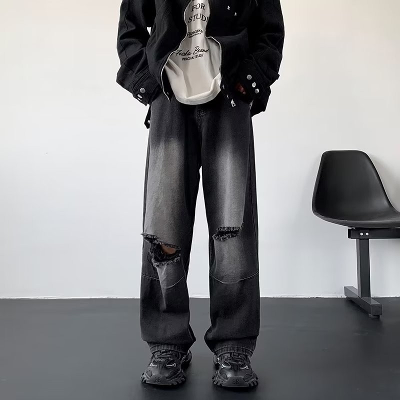 Vela-กางเกงยีนส์ผู้ชาย ทรงหลวม แนวสตรีท หลวมกว้างขาตรง สไตล์เกาหลีใส่สบาย baggyjeans