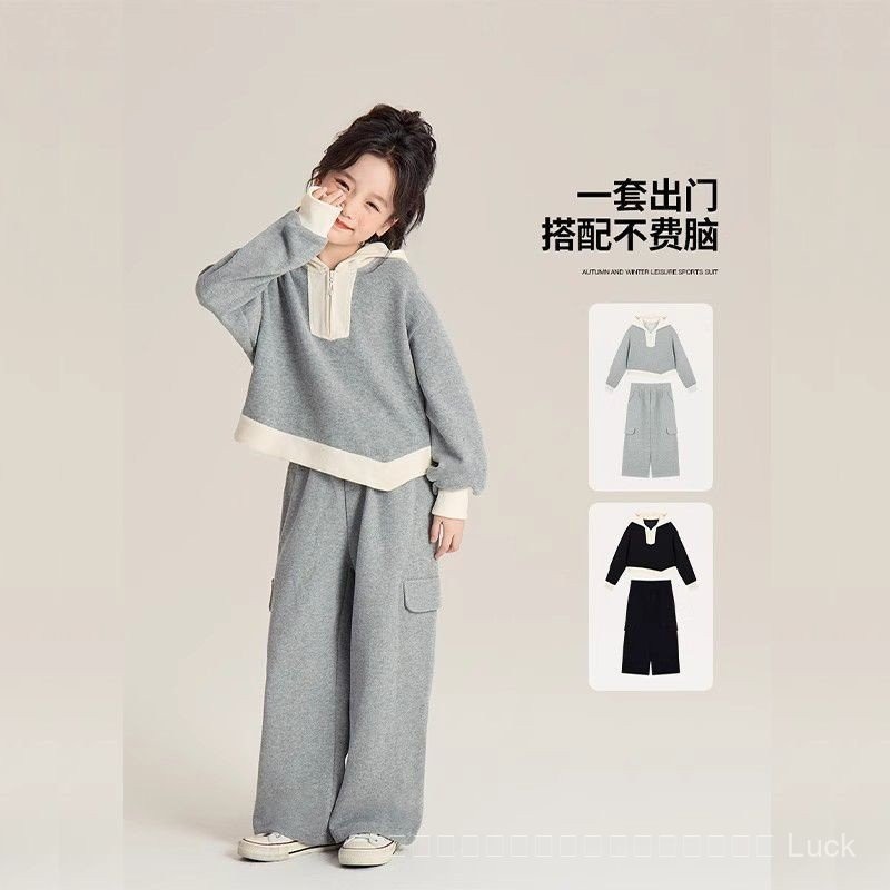ชุดเด็กผู้หญิงเสื้อสเวตเตอร์มีฮู้ดกีฬา2025กางเกงลำลองสำหรับสาวฤดูใบไม้ผลิสไตล์ตะวันตกชุดสองชิ้น