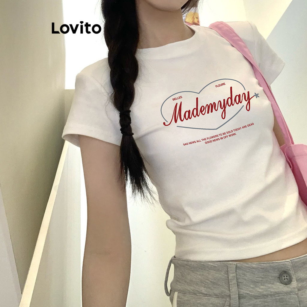 Lovito เสื้อยืดผู้หญิง ลายตัวอักษร สไตล์ลำลอง LNM72356