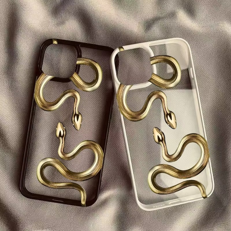 ปลอกสําหรับiphone16 15 14 13 12 11 Pro MaxสําหรับiPhone XS Max X XR 8 7 Plus SE2020 2022 สีดําทองงูClear Hardกันกระแทก