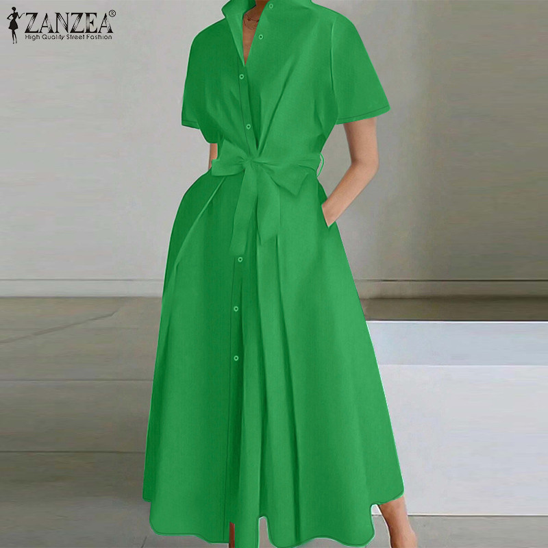 Zanzea ชุดเดรสเสื้อแขนสั้นแฟชั่นวินเทจสําหรับผู้หญิง — صورة 6
