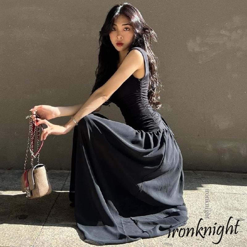 Ironknight-ผู้หญิง shappy คอสี่เหลี่ยมสีดําฤดูร้อนเอว Flowy Hem ชุดเดรสตาข่าย