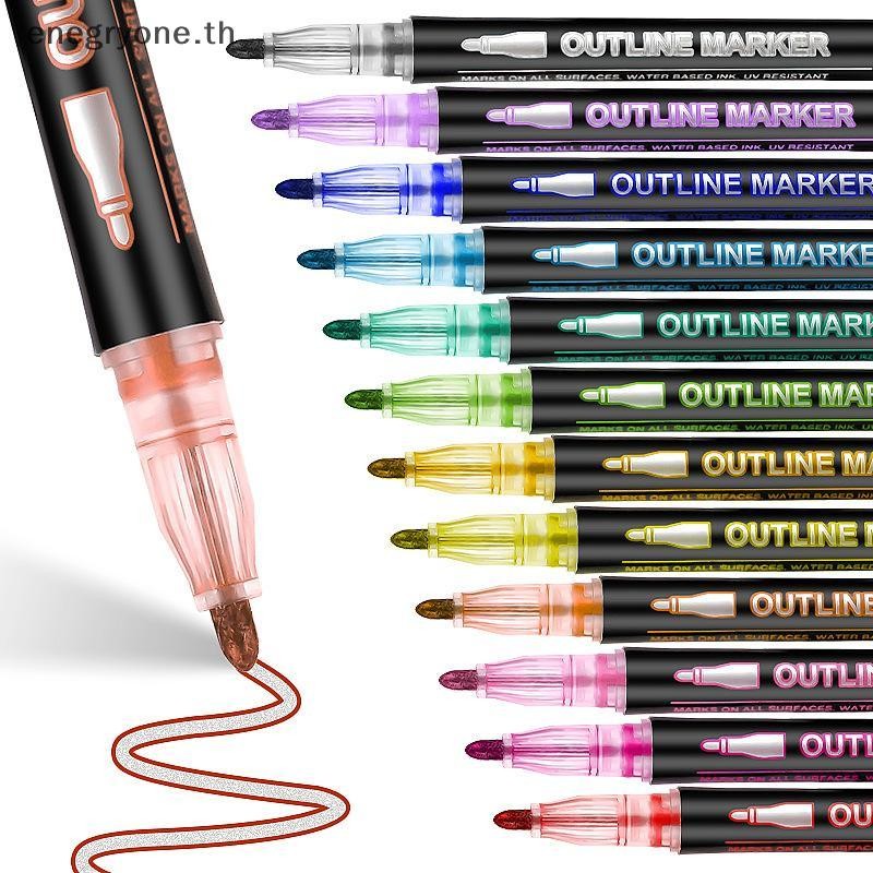 EOTH 1 ชุด 8/12 สี Self-Outline เครื่องหมายโลหะ Glitter การเขียนปากกาวาดภาพสําหรับการ์ดคริสต์มาสเขียนปากกา Outline เส้นคู่