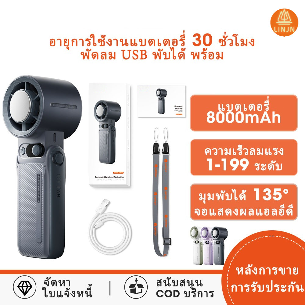 LinJn พัดลมพกพาขนาดเล็ก พัดลม USB แบบพับได้ 6000mAh พร้อมเกียร์ 199 เวลาใช้งาน 30 ชั่วโมง ลมแรง เงีย