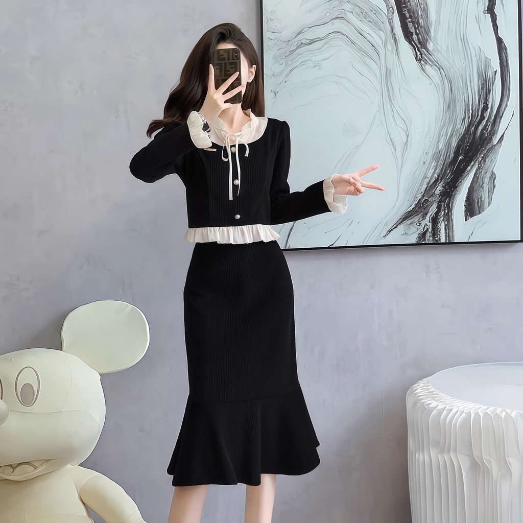 old money Halloween black dress ออกงาน ดํา เดรสแขนยาว สบายๆ ชุดกระโปรง กระโปรงยาว ชุด เดรสทํางาน ผู้หญิง