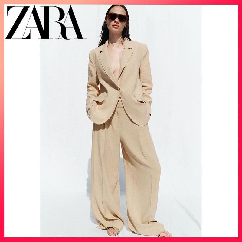 ZARA เสื้อสูทผ้าลินินสำหรับผู้หญิง แบบกระดุมแถวเดียว สินค้าใหม่
