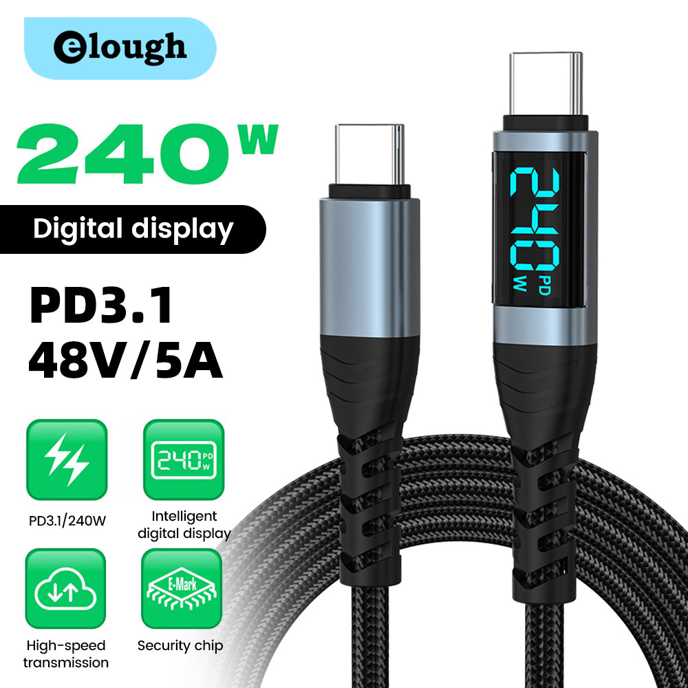 Elough 240W Type C ถึง Type C Super Charge จอแสดงผลดิจิตอล PD สาย USB C สายเคเบิลข้อมูลลวด 1.2M 2M