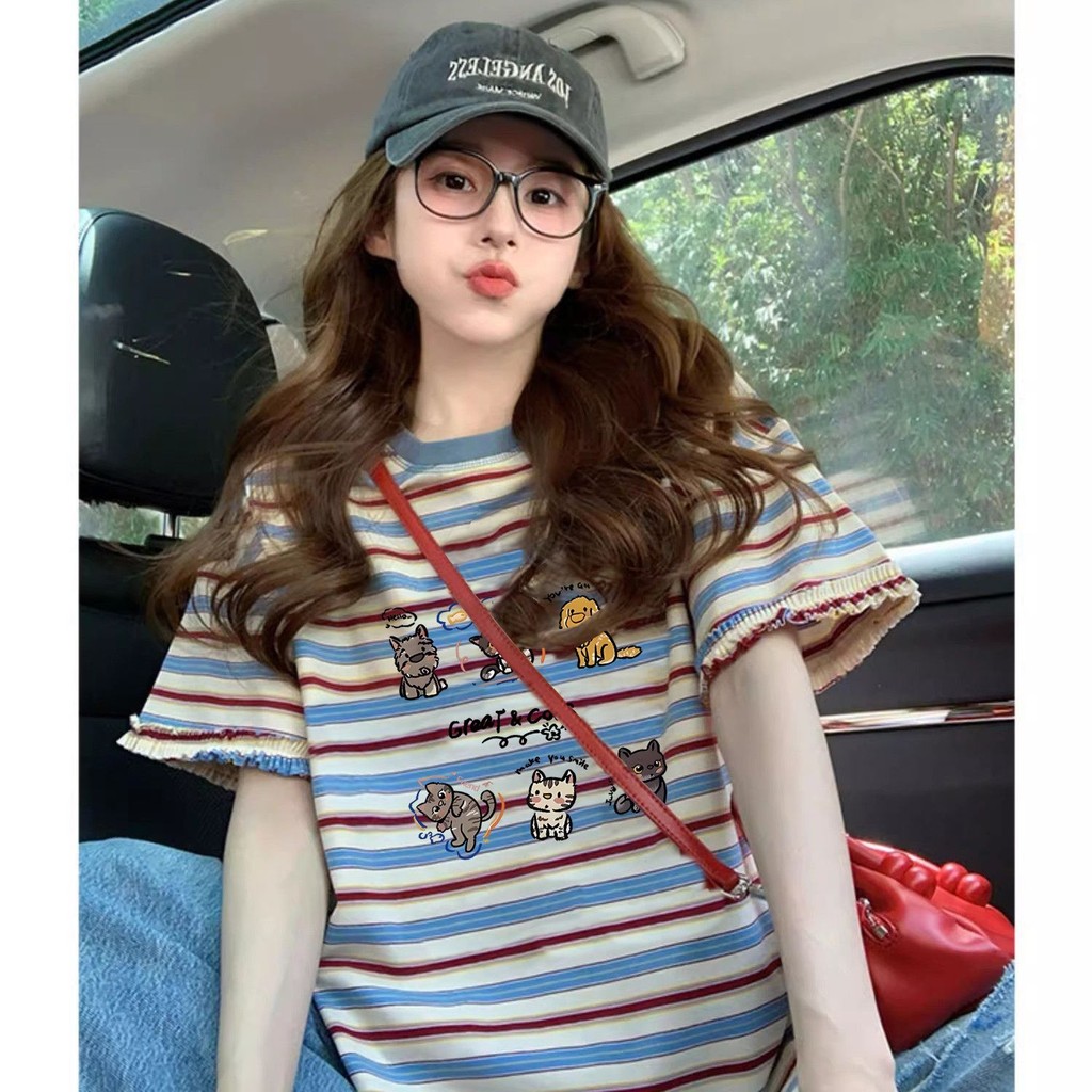 ส่งไวจากไทย⭐Summer⭐M-2XL  เสื้อยืดแขนสั้นลาย พลัสขนาดเกาหลีฤดูร้อนสำหรับสุภาพสตรี เสื้อยืดแขนสั้น พลัสขนาดเสื้อบางหลวม