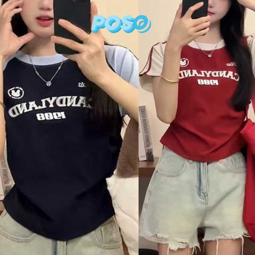 เสื้อยืดแขนสั้น ดีไซน์แยกสี ตัวอักษรวินเทจ