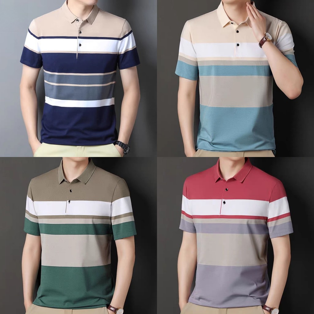 💥BecoolMan💥ชุดคุณพ่อวัยกลางคน  เสื้อโปโลลายทาง  เลือกได้หลายสี  ปกพับ  ผ้าระบายอากาศ