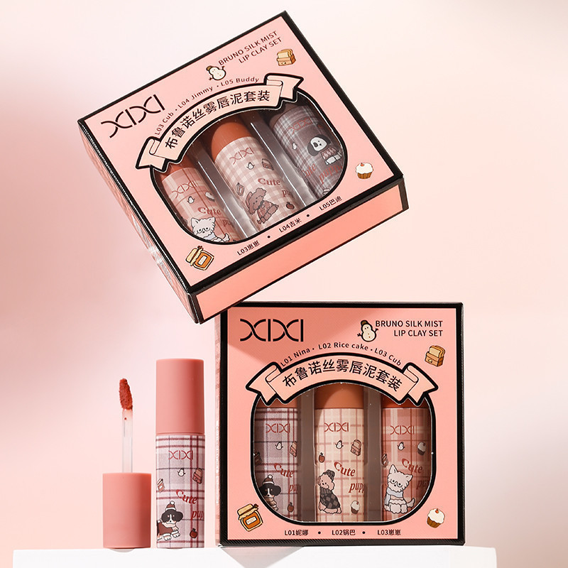 ลิปสติกเนื้อแมตต์กำมะหยี่สี Clay ติดทนนาน เนียนนุ่ม และกันน้ำ  D712 Lip Gloss Set  XIXI 1 กล่อง /3 ช