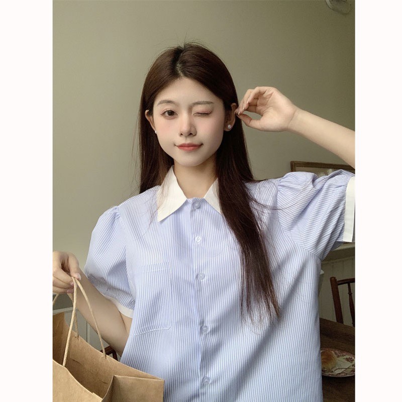 ชุดเสื้อแขนสั้นคอปกโปโลลายทาง ใหม่สำหรับผู้หญิง ดีไซน์ฤดูร้อน สีสันสดใส คอปกพับ แขนสั้น เสื้อเบลาส์ 