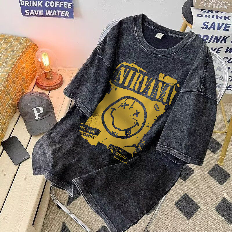 Qkoole nirvana เสื้อยืดผ้าฟอก oversize ไตล์สตรีทแฟชั่น เสื้อยืดวินเทจ I003529