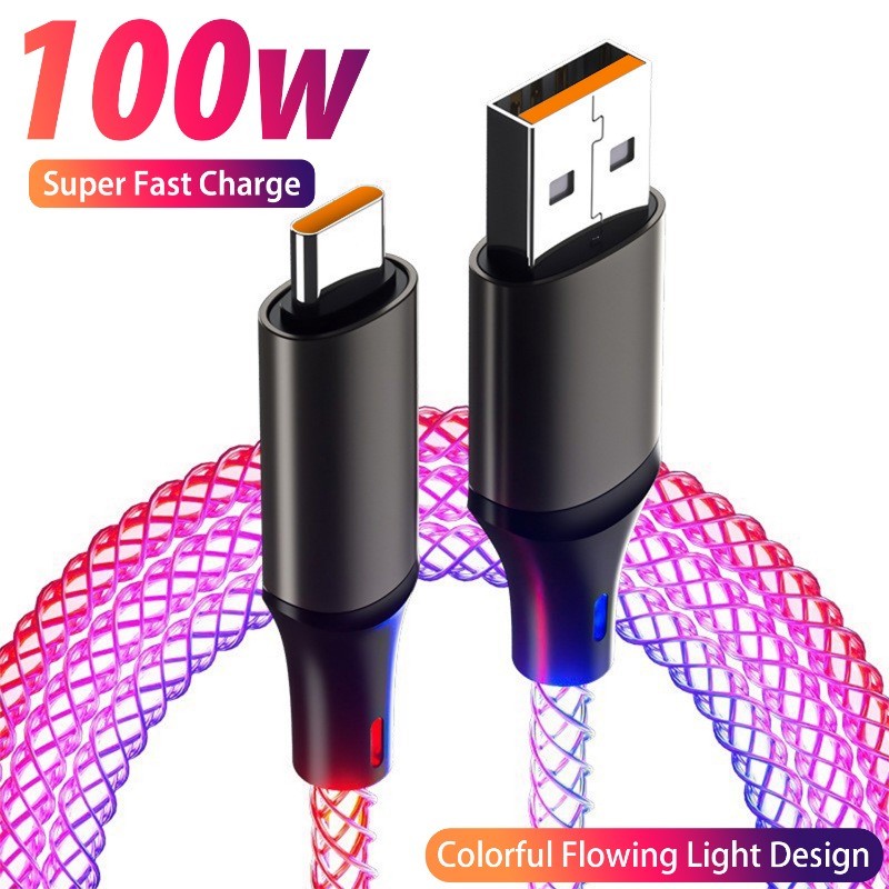 สายชาร์จข้อมูลเร็วเรืองแสงสีสันสดใส 100W - สายเคเบิลข้อมูลไฟไล่ระดับ RGB - สายชาร์จ Type-C ถึง Type-C - สายไฟ USB A ถึง Type-C 66W