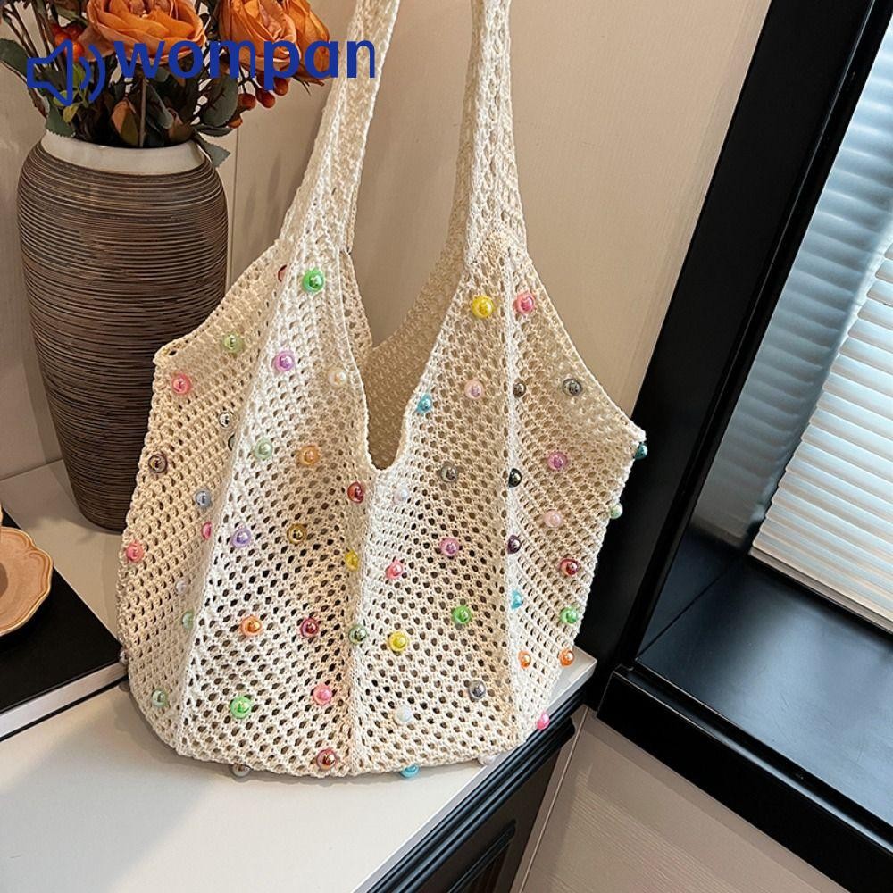 Wompan กระเป๋าโท้ตชายหาด, กระเป๋าถักโครเชต์ Boho ความจุขนาดใหญ่, Handmade Hollow พร้อมลูกปัดสี Tote Bag