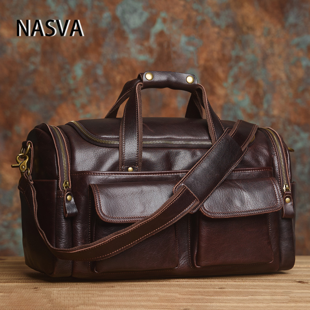 NAVSA หนังแท้ผู้ชาย Retro Duffel กระเป๋าขนาดใหญ่ความจุ First Layer Cowhide กระเป๋าเดินทางระยะทางสั้นแฟชั่นสบายๆ Messen