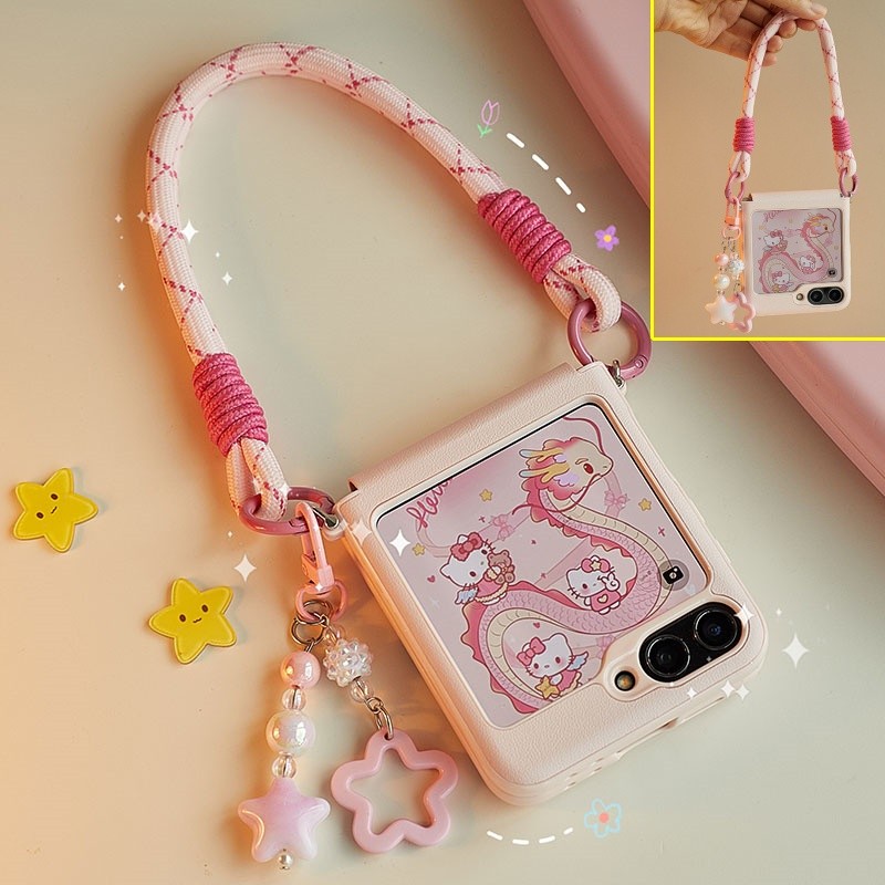 SAMSUNG แฟชั่นหนังสีชมพูบานพับเคสโทรศัพท์samsung Galaxy 6 Z Flip 5 พร้อมสายรัดข้อมือจี้ดาวน่ารักกันกระแทกกลับShell Flip6 Flip5