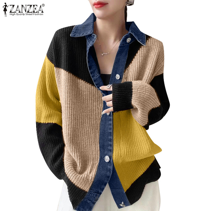 Zanzea ชุดกิโมโนแขนยาวผ้าฝ้ายแท้สําหรับผู้หญิงแฟชั่นเกาหลี Turn-Down-Collar Contrast