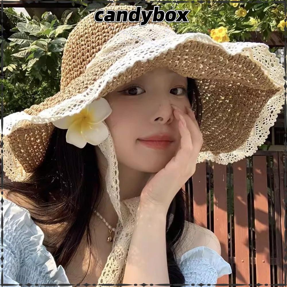 Candybox หมวกฟาง, หมวกกันแดดแบบผูกเชือกป้องกันรังสียูวี, หมวกชายหาดกลวงชายหาดแบบพับได้