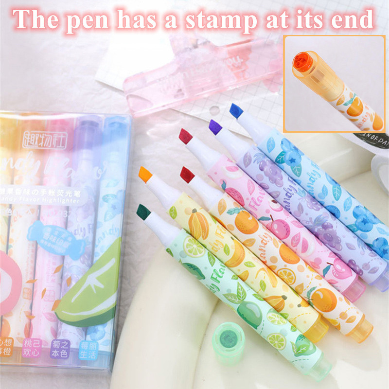 6 สีผลไม้-ปากกาเน้นข้อความหอม-เครื่องหมายปลายอ่อนพร้อมแสตมป์สําหรับ ทําเอง วารสาร, นักเรียนบันทึก-ทาเคง, ไฮไลท์, และอุปกรณ์ทําเครื่องหมาย