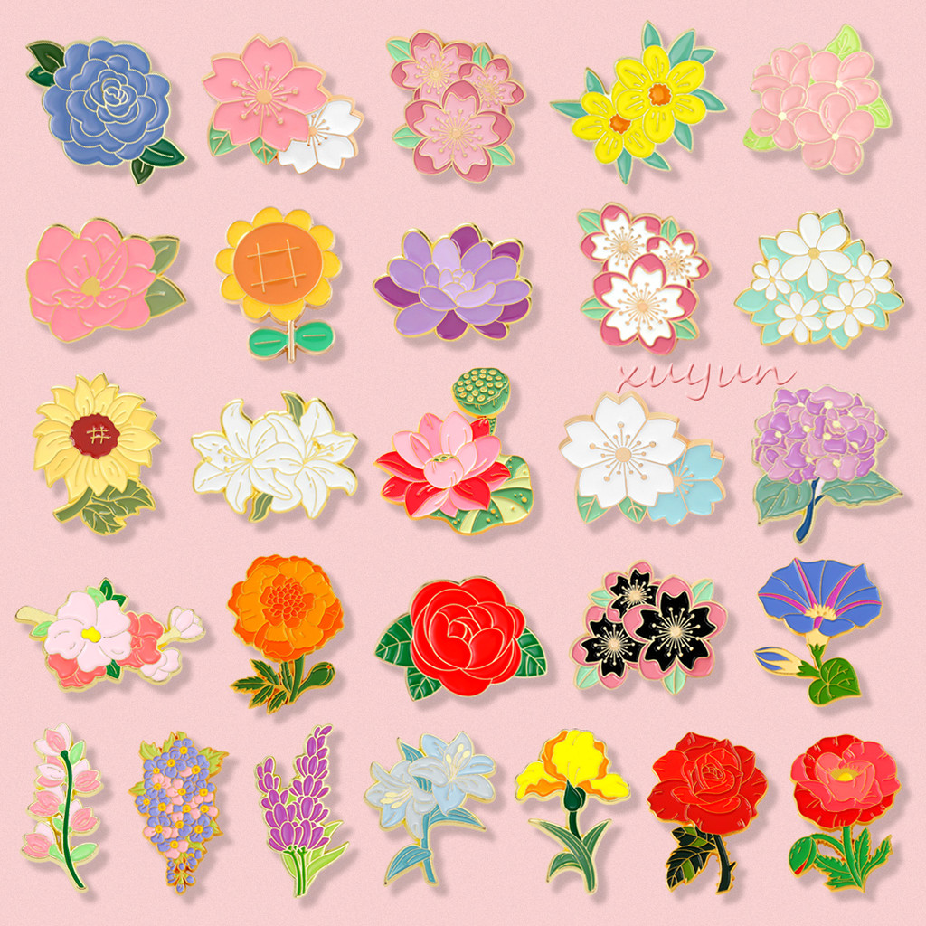 60รูปแบบสวยดอกไม้เคลือบเข็มกลัดสีชมพูกุหลาบดอกทานตะวันลิลลี่โลตัสโลหะผสมเข็มกลัดตราแฟชั่นผู้หญิงเครื่องประดับของขวัญ