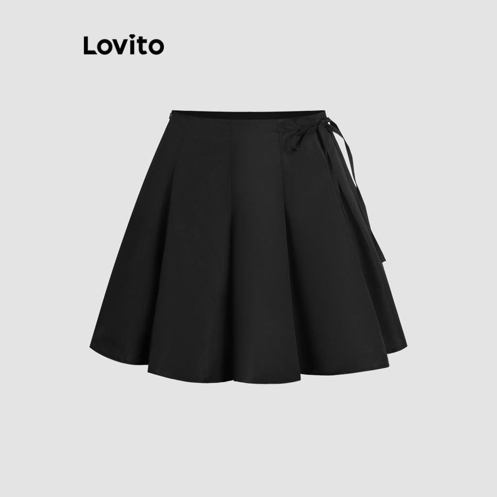 Lovito กระโปรงพลีทผูกหน้าสีพื้นสไตล์เนิร์ดสำหรับผู้หญิง L117AD280