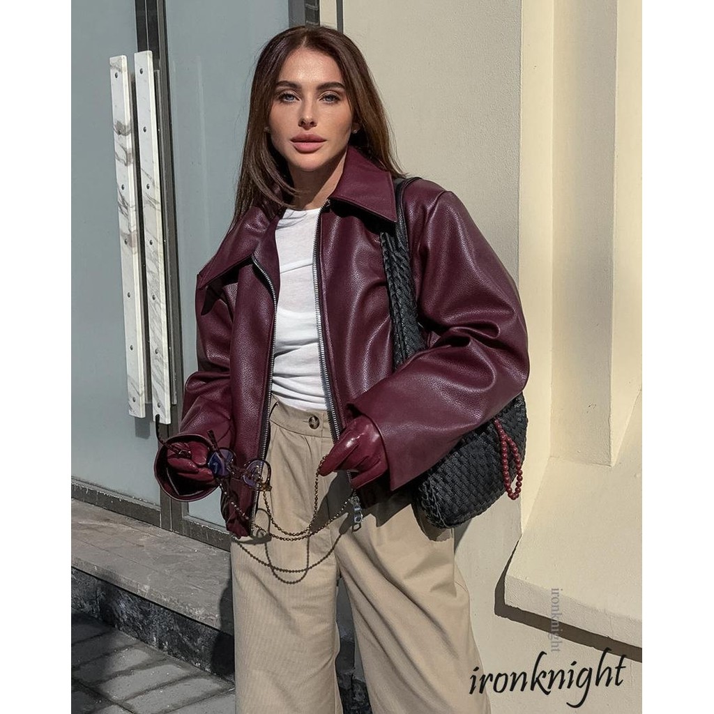 Ironknight-ผู้หญิง หนังเทียมวินเทจแขนยาวปก Zip Up Biker Jacket