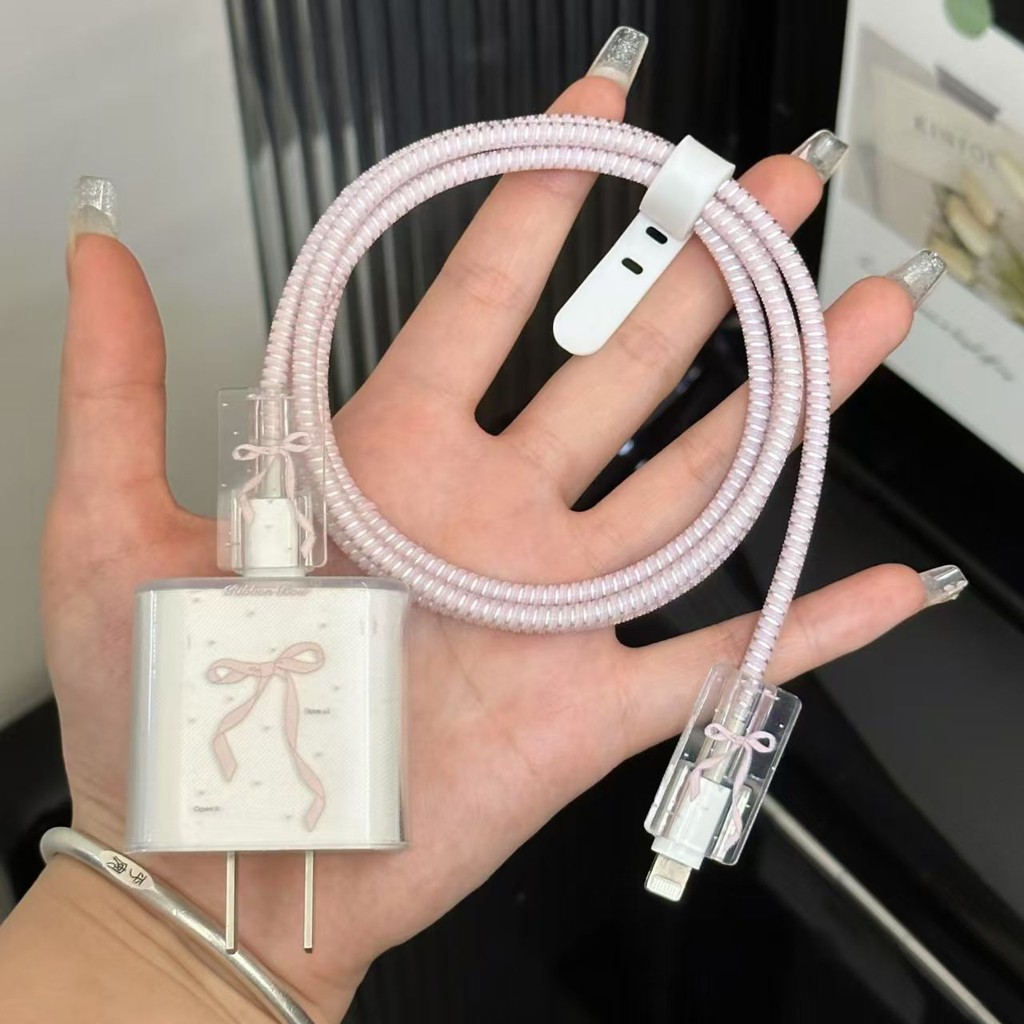 การ์ตูนสีชมพูโบว์โปร่งใส TPU Soft Cable Protector สําหรับ iPhone 16 15 14 13 12 11 Pro Max IPad 18W/20W สายชาร์จ Bobbin Winder ป้องกัน USB ชาร์จ Protector ฝาครอบ