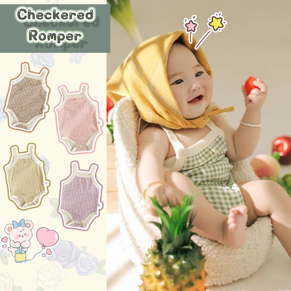 อิน ฤดูร้อนทารกแรกเกิดประณีตและน่ารัก 5 สีลายหมากรุกสายคล้องไหล่แขนกุดระบายอากาศ ชุดรอมเปอร์ เสื้อผ้าเด็ก 0-24 เดือน