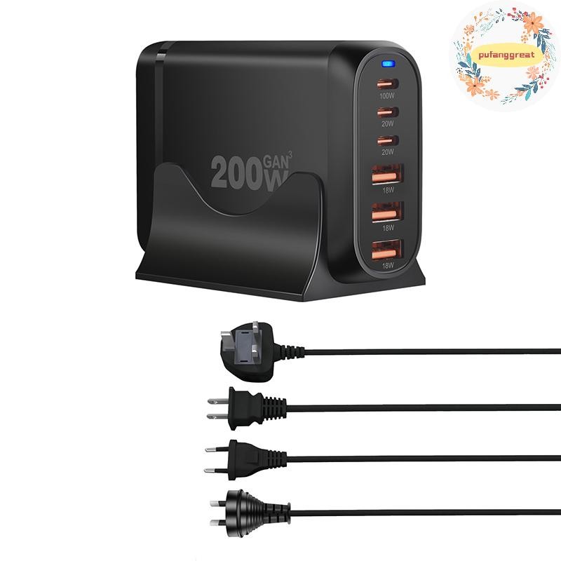 Pufanggreat 200W 6 พอร์ต USB Type-C Fast Charger Multi-function Desk Charger Power Station สําหรับโท