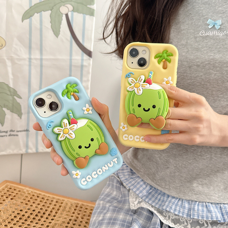 3D telescopic ขาตั้งการ์ตูนมะพร้าวซิลิโคนเคสโทรศัพท์สําหรับ iPhone 13 14 15 16 Pro Max ปลอกซิลิโคนอ่อนนุ่มฝาครอบป้องกันสําหรับ iPhone14Promax กรณี