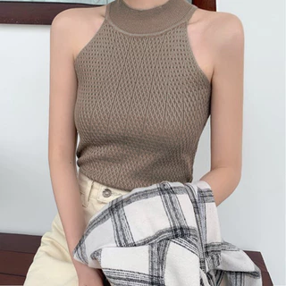 เสื้อสายเดี่ยวคล้องคอไหมพรมแขนกุดแฟชั่น สำหรับใส่หน้าร้อน ใส่เดี่ยวก็สวย ใส่ทับก็เก๋