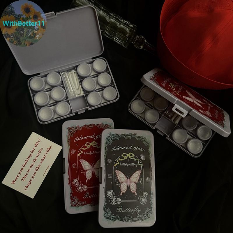 Better แบบพกพา Vintage ผีเสื้อพิมพ์ Eye Contacts กระจกคอนแทคเลนส์กล่องคอนเทนเนอร์สําหรับ 6 คู่เลนส์ 