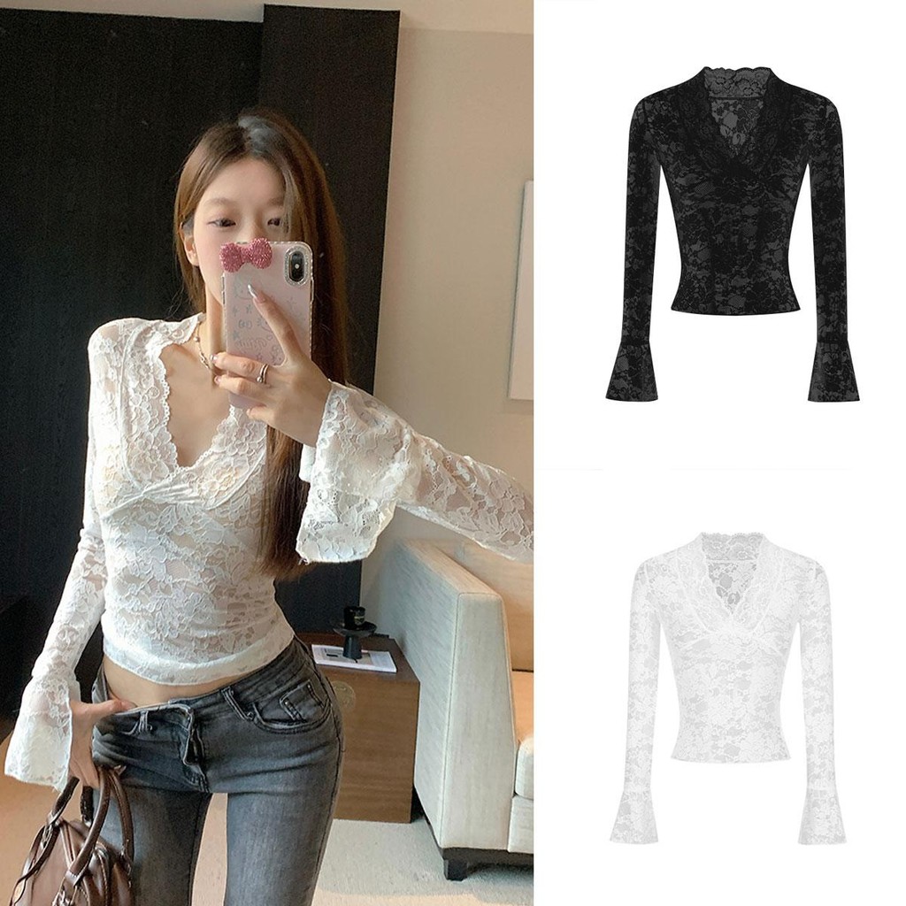Dahong เสื้อแขนยาว แฟชั่นใหม่เซ็กซี่ซีทรูลูกไม้แขนยาว เสื้อยืดคอวีท็อป เซ็กซี่ ทรงสวยมาก W578
