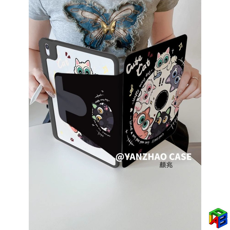 แผ่นเสียงแมว สีดํา720° เคสไอแพดหมุนได้ A16 2025 air6/5 mini6/7 Ari7-M3 อะคริลิค pro11 ใหม่ iPad 11 A16/10 รุ่น 2022 ฝาครอบป้องกันการตกพร้อมช่องเสียบปากกา สีฟ้า - รูปที่ 7