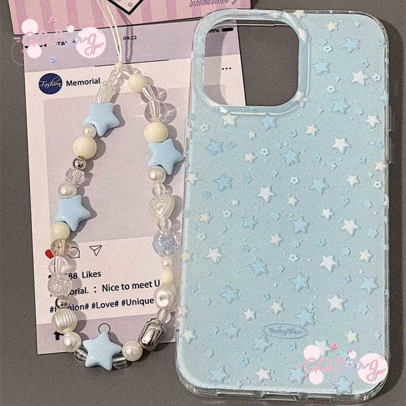 เคสไอโฟน 13สำหรับ IPhone 15 11 16 13 12 14 Pro Max XR XS X Max 16 15 7 8 Plus จอเต็มดวงดาวสีฟ้าลายดอกไม้โซ่ เคส IMD ใหม่