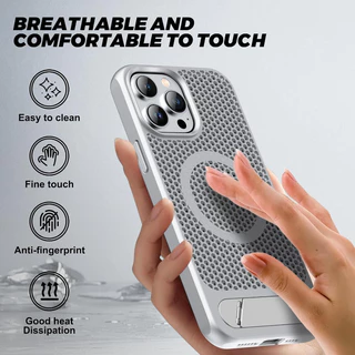 YOOVEI เคส Magnetic Heat Dissipatio สําหรับ iPhone 17/16 Pro, เคส Cooling Drop Protection สําหรับ 15/14/13/12, ขาตั้งแบบปรับได้, Ice Armour Cool Matte วัสดุ - สีเงิน