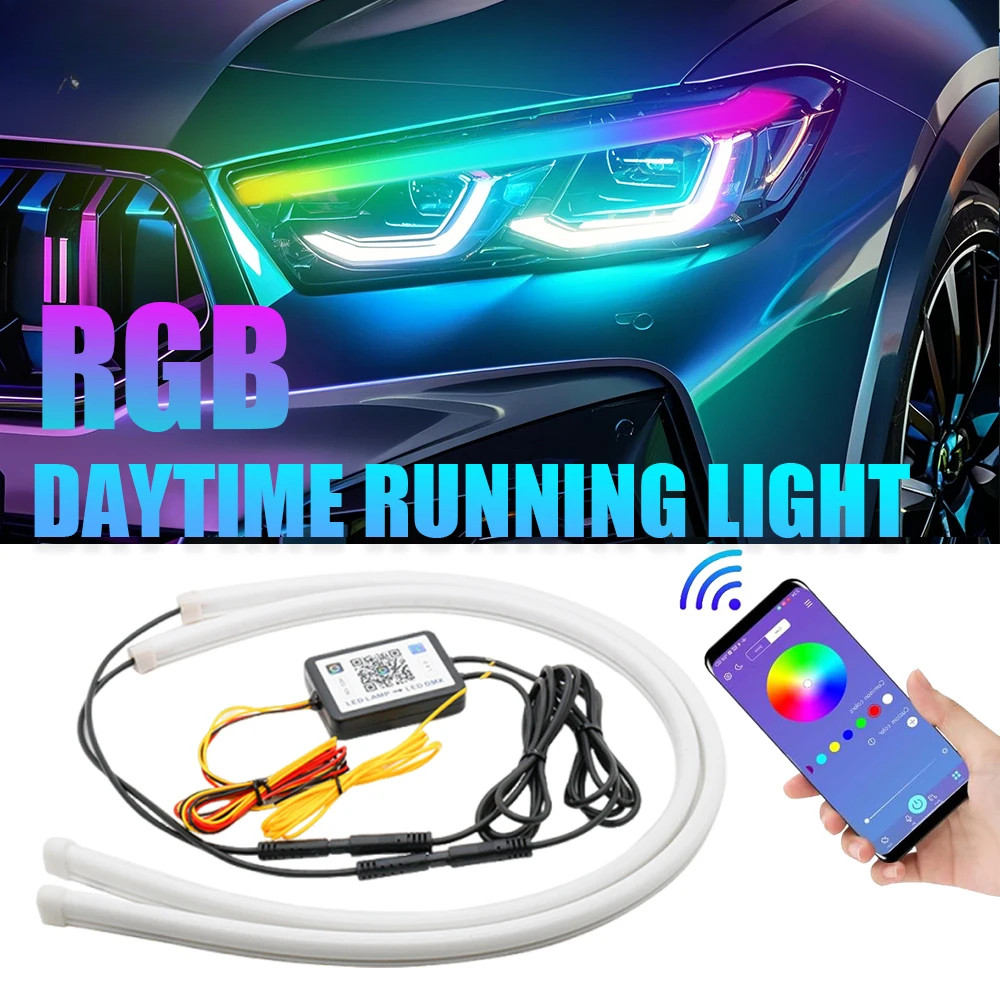 2 ชิ้น RGB DRL รถไฟ Led Strip ตามลําดับไฟวิ่งกลางวันพร้อมไฟเลี้ยวพร้อม App ควบคุมแถบตกแต่งแบบยืดหยุ่น