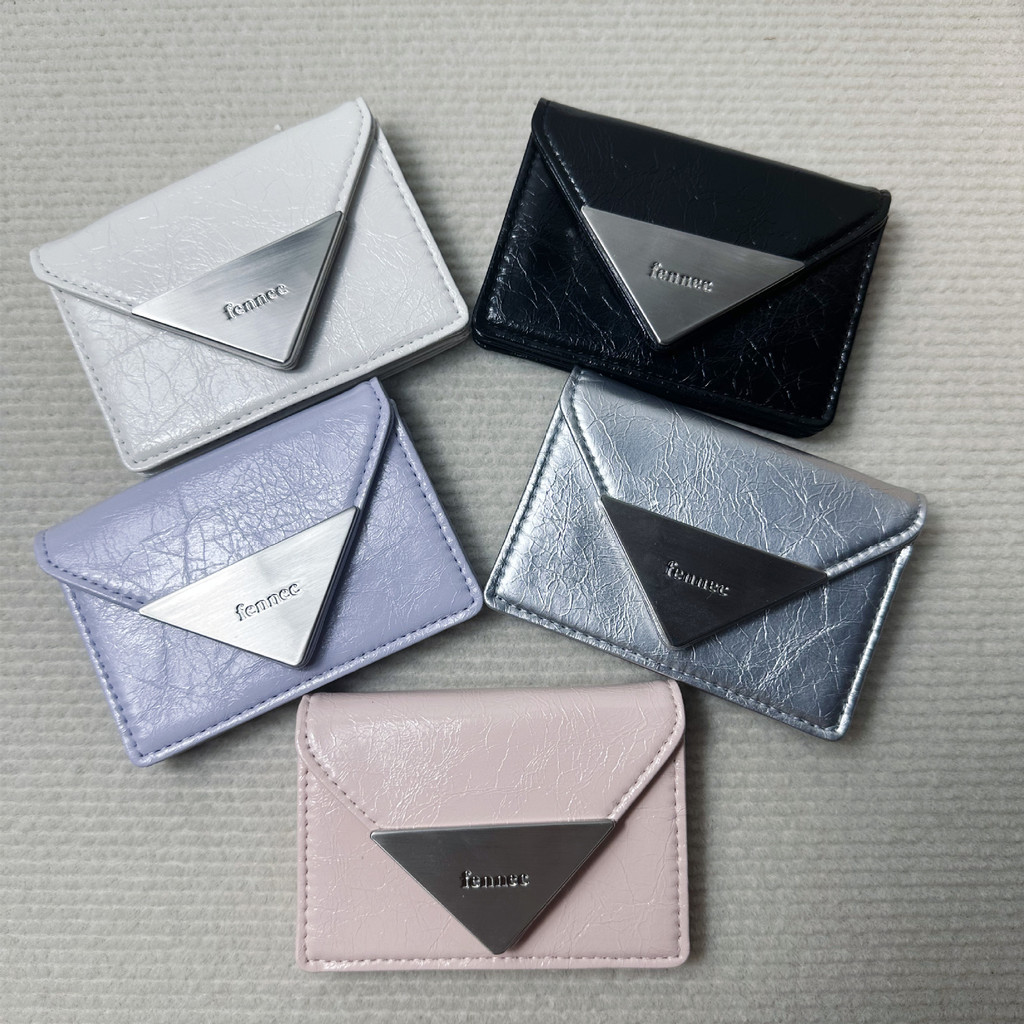 เกาหลีใต้รูปแบบใหม่ Niche Fenec Cowhide Card Holder Triangle Card Flap ID Card Holder Classic Change Multicolor Wallet