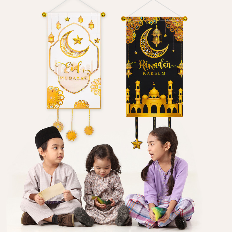 2025 Ramadan Kareem แขวนธง - ตกแต่ง Eid Mubarak - ผนังประตูแบนเนอร์ขนาดใหญ่แขวนเครื่องประดับ - คลาสสิก Star Moon พิมพ์ธงตกแต่ง - บ้านอิสลามเทศกาลมุสลิม Party Decor