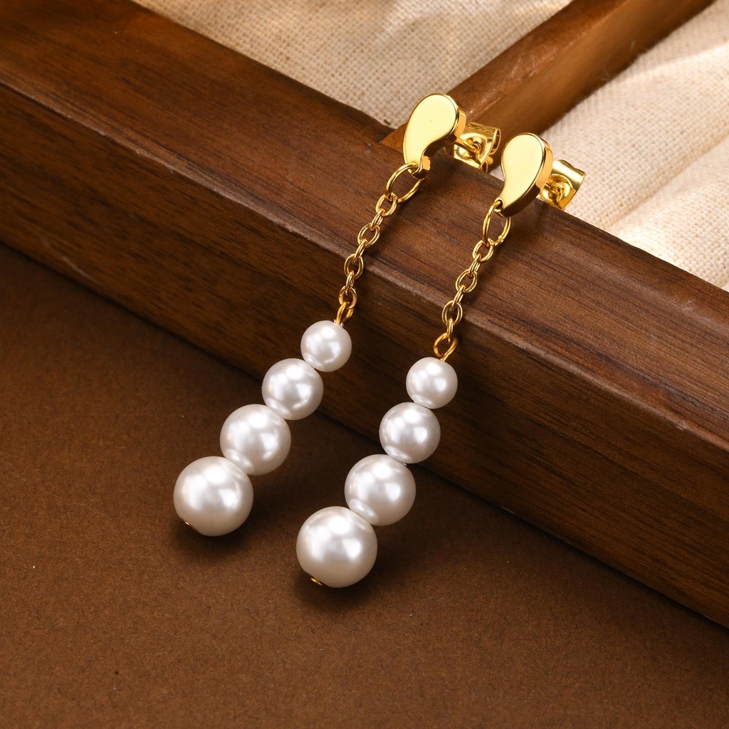 Vnox ต่างหูลูกปัดมุกสําหรับผู้หญิงสาว,ทองสแตนเลส Dainty Drop ต่างหู Dangle เครื่องประดับของขวัญ
