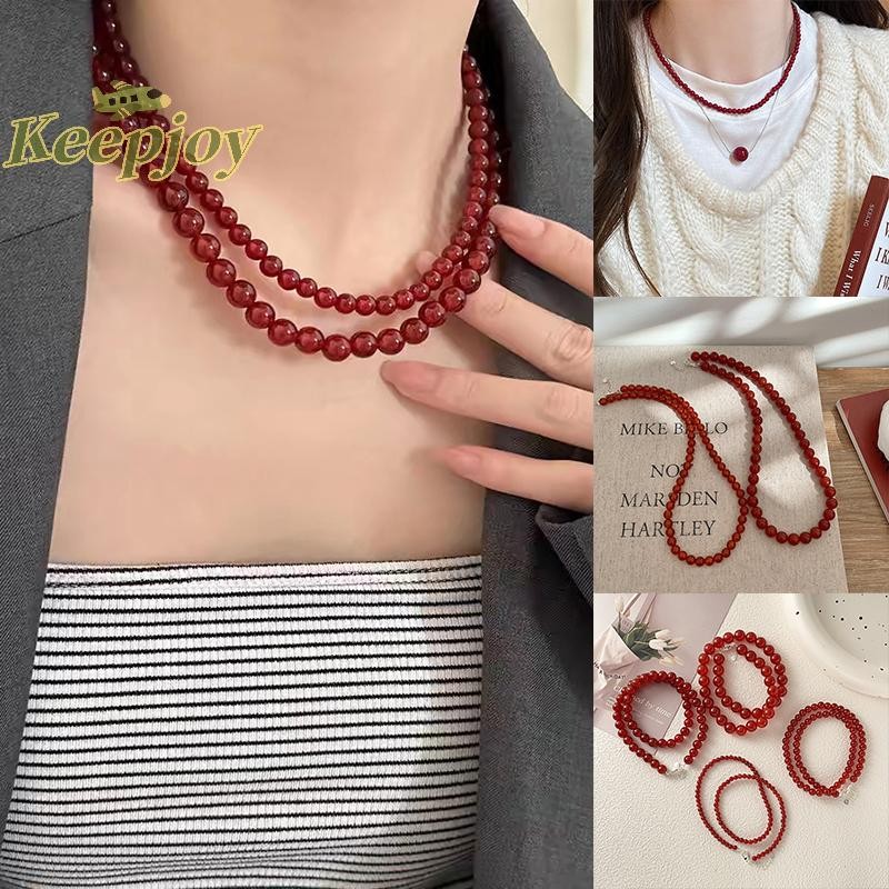 [Keepjoy] Vintage Red Beaded สร้อยคอผู้หญิงสไตล์จีนลูกปัดแก้วสร้อยคอประณีต Elegant Choker Aesthetic เครื่องประดับอุปกรณ์เสริม [ใหม่]