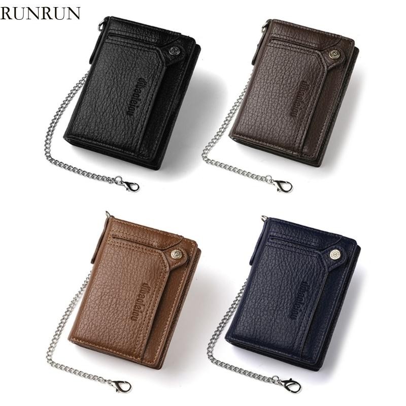 Run กระเป๋าใส่เหรียญแฟชั่นพร้อมช่องใส่การ์ดหลายช่อง Mens PU หนังกระเป๋าสตางค์สั้นพร้อมโซ่โลหะแบบถอดได้และซิป Pocke