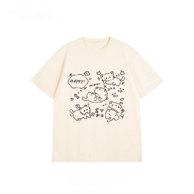 Papaya เสื้อยืด Oversize ลาย 'Happy Cats' Cotton 100% ใส่สบาย เสื้อยืดคู่รัก WS1116 ผู้หญิง Women