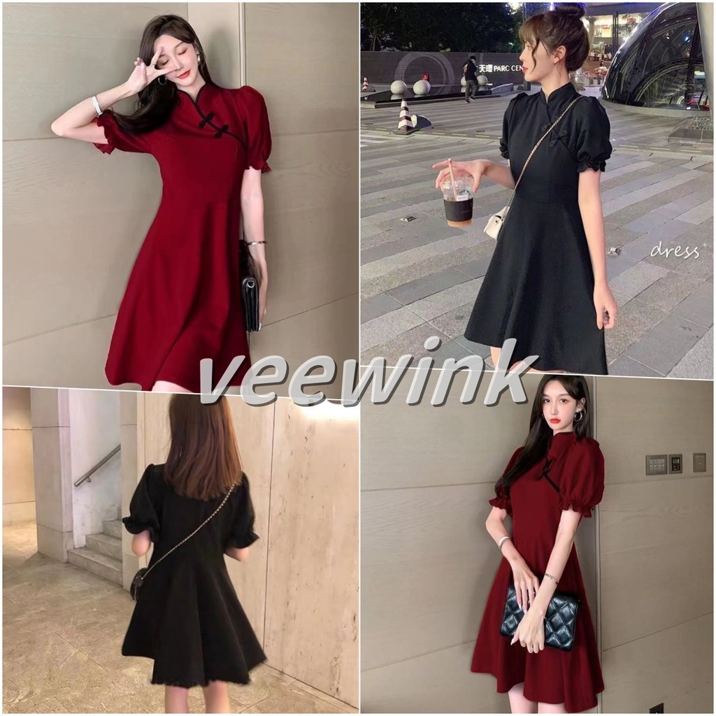 Veewink พร้อมส่งในกทม dress ชุดกี่เพ้าตรุษจีน ชุดกี่เพ้าสีแดง เซ็กซี่ คอจีน ชุดกี่เพ้า