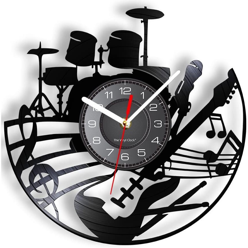 12 นิ้ว; ชุดกีตาร์และกลอง LED Vinyl Record Wall Clock 7 สีเปลี่ยน Non-ticing, Modern Rock N Roll Instrument แขวน Night Light Wall Clock นาฬิกา Drummer Guitari