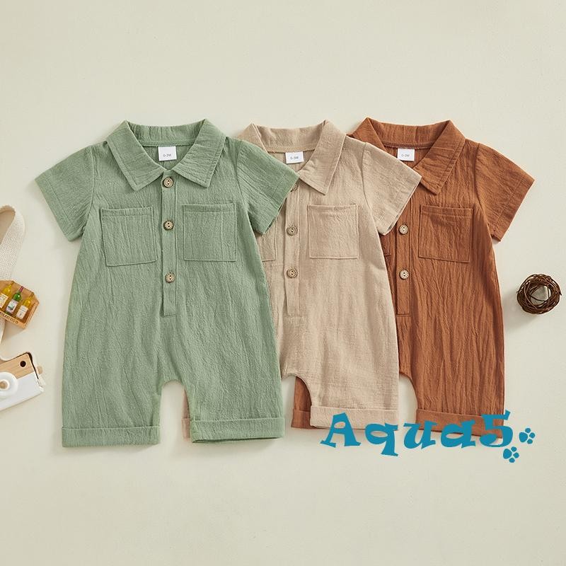 Aqq-infant Boy ผ้าฝ้ายลินิน Jumpsuit สีทึบแขนสั้นปุ่มด้านหน้า Romper เสื้อผ้าเด็ก