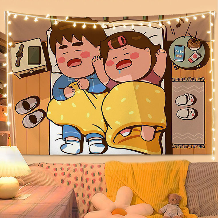 ผ้าพื้นหลังการ์ตูนคู่ผ้าแขวน INS ห้องตกแต่งห้องนอนข้างเตียงหอพักให้เช่าปรับปรุงผ้าปูผนัง