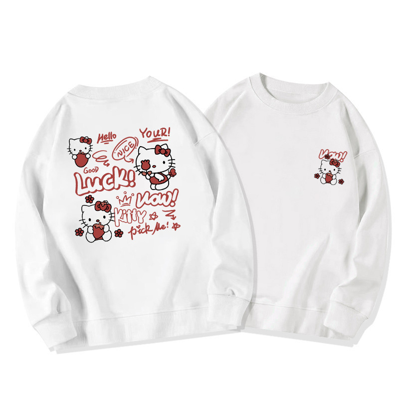 (จัดส่งตลอด 24 ชั่วโมง）เสื้อสเวตเตอร์คอกลม Hello Kitty น่ารักสำหรับผู้หญิง เสื้อสไตล์วิทยาลัยลดอายุหวานและต่างประเทศ
